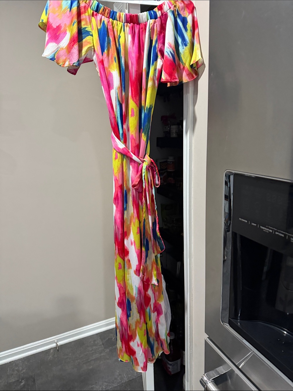 Trina Turk Multi-Color Off-Shoulder Maxi Dress with Tie Waist